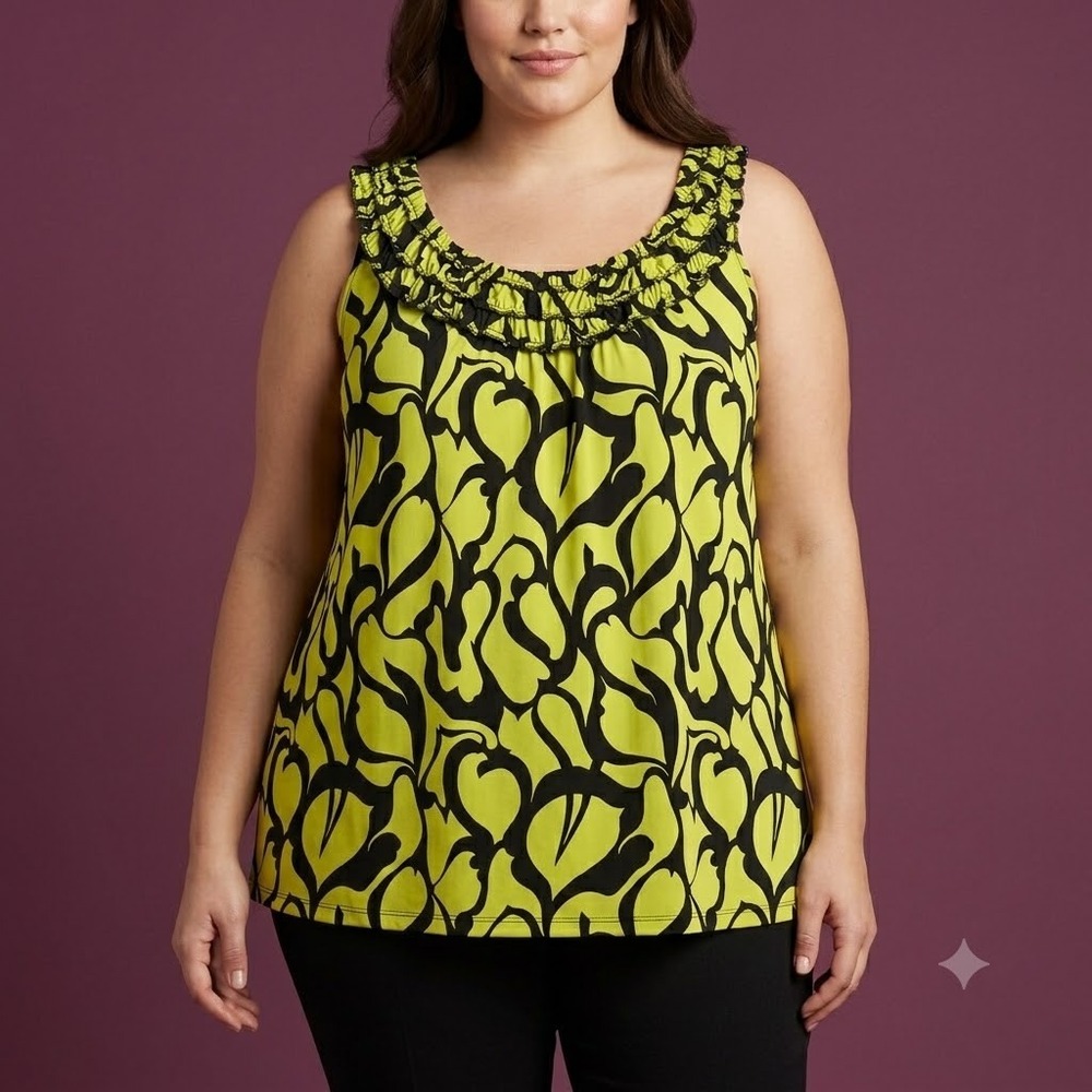 Lane Bryant Ruffle Neck Tank Top Womens 26/28W Yellow Black Floral Polyester EUC